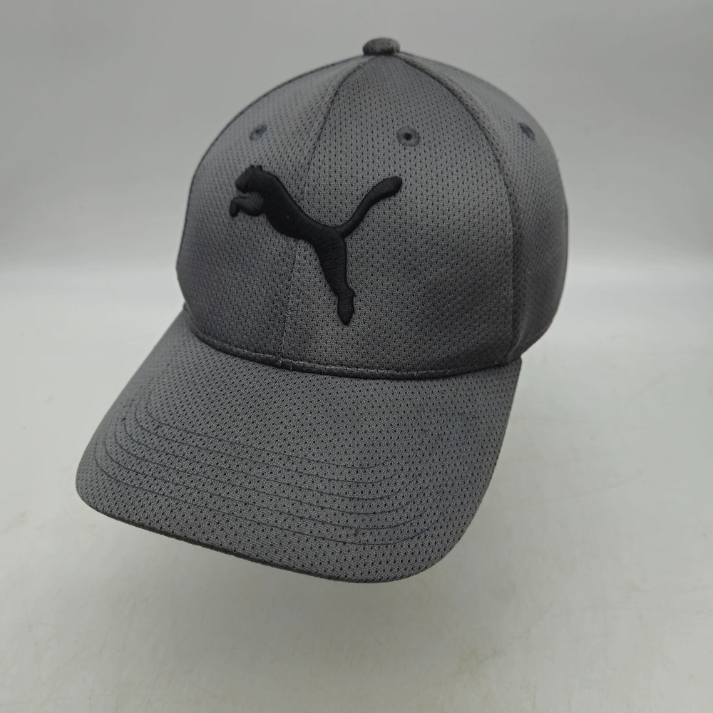 Puma Baseball Cap Hat Gray Black Logo Jersey Knit Small Medium Stretch